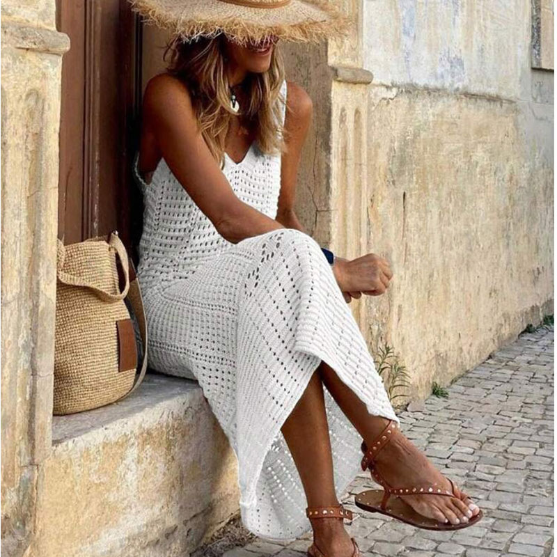 Elegant V-Neck Sleeveless Crochet Knit Maxi Dress