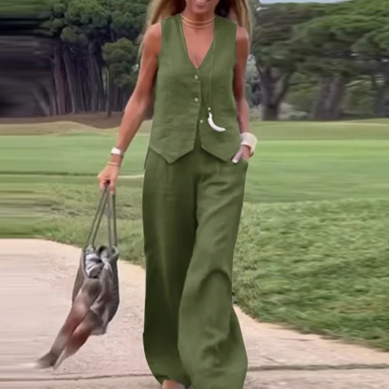Last Day 49% OFF🔥Button Down Vest and Wide Leg Pants 2 Piece Set (Buy 2 Free Shipping)
