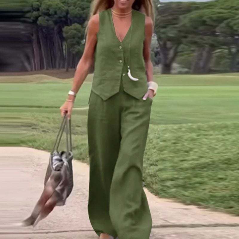 Last Day 49% OFF🔥Button Down Vest and Wide Leg Pants 2 Piece Set (Buy 2 Free Shipping)