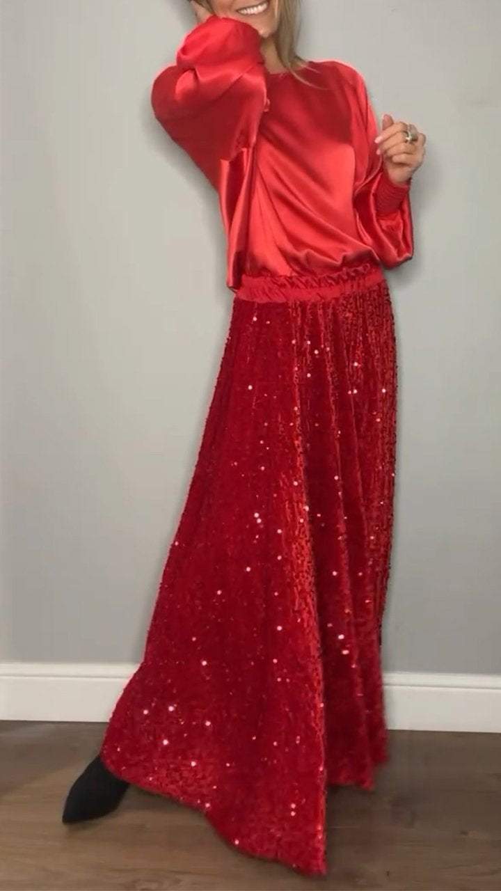 Satin Top & Sequin Maxi Skirt Two Piece Set (Buy 2 Free Shipping)