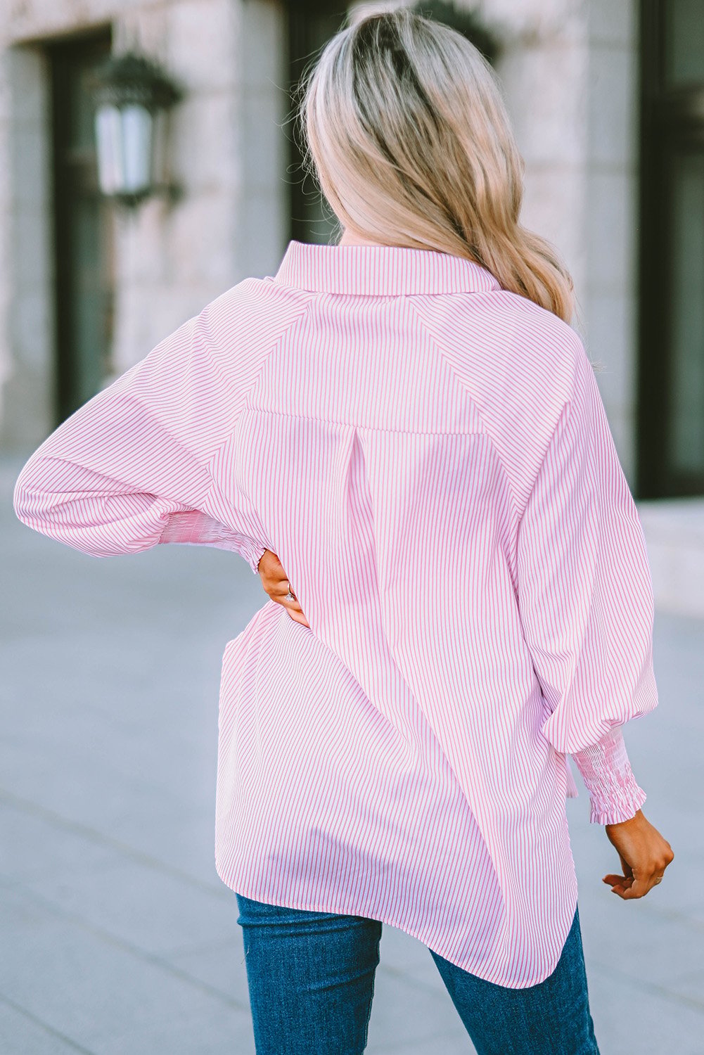🎁Last Day Sale 50% OFF🏆️Mid-length smocked shirt with striped lapel and oversized drawdown sleeves