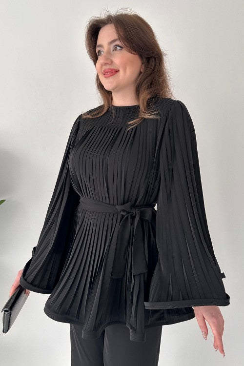 Pleated Bell Sleeve Top and Wide-Leg Pants Two Piece Set (Buy 2 Free Shipping)