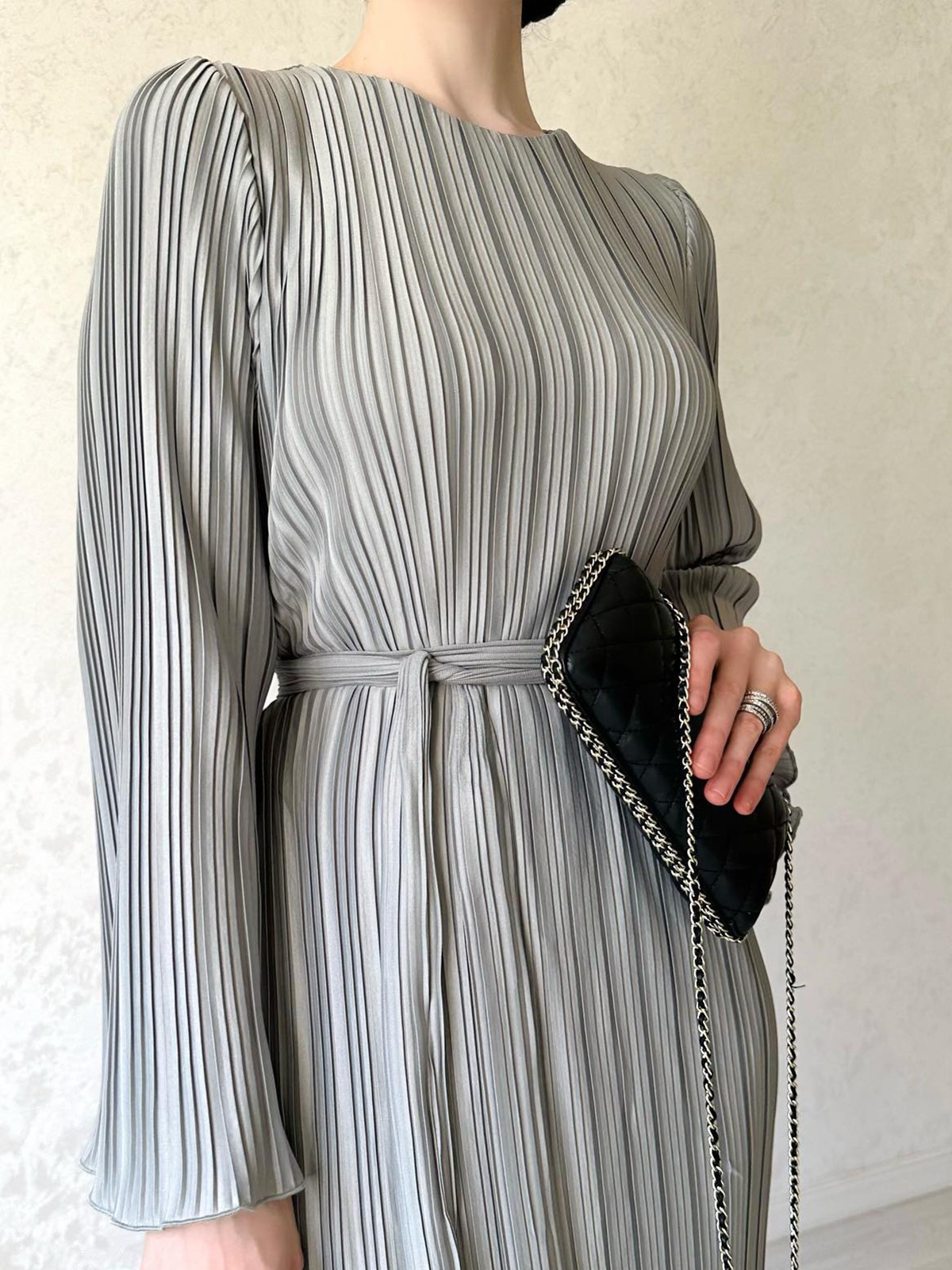 Women's Fall Maxi Dress Chic Pleated Bell Bottom Sleeve Midi Dress
