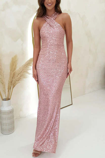 Time To Sparkle Sequin Cross Halter Neck Backless Maxi Dress (Buy 2 Free Shipping)