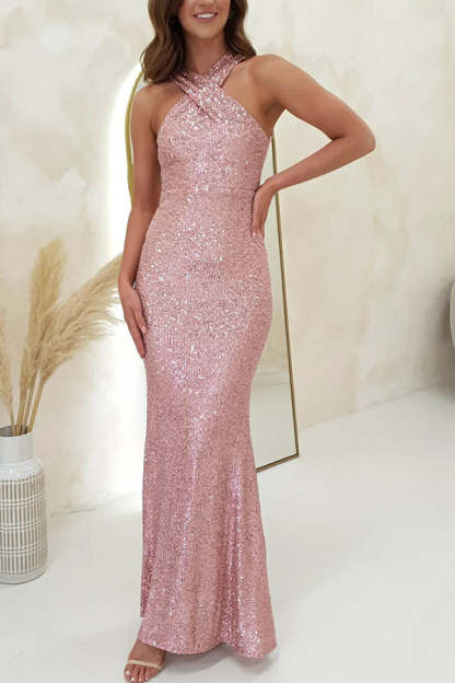 Time To Sparkle Sequin Cross Halter Neck Backless Maxi Dress (Buy 2 Free Shipping)