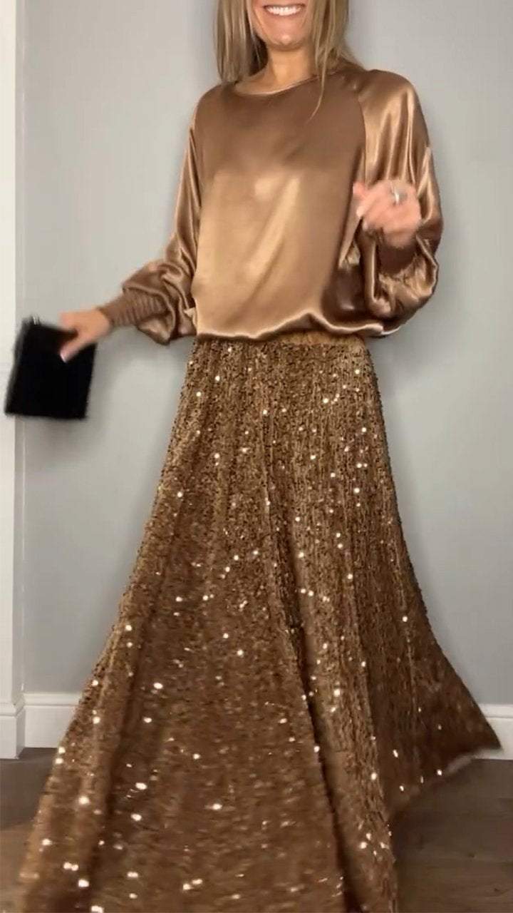 Satin Top & Sequin Maxi Skirt Two Piece Set (Buy 2 Free Shipping)
