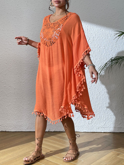 Boho Tassel Trim Crochet Yoke Loose Kaftan Dress