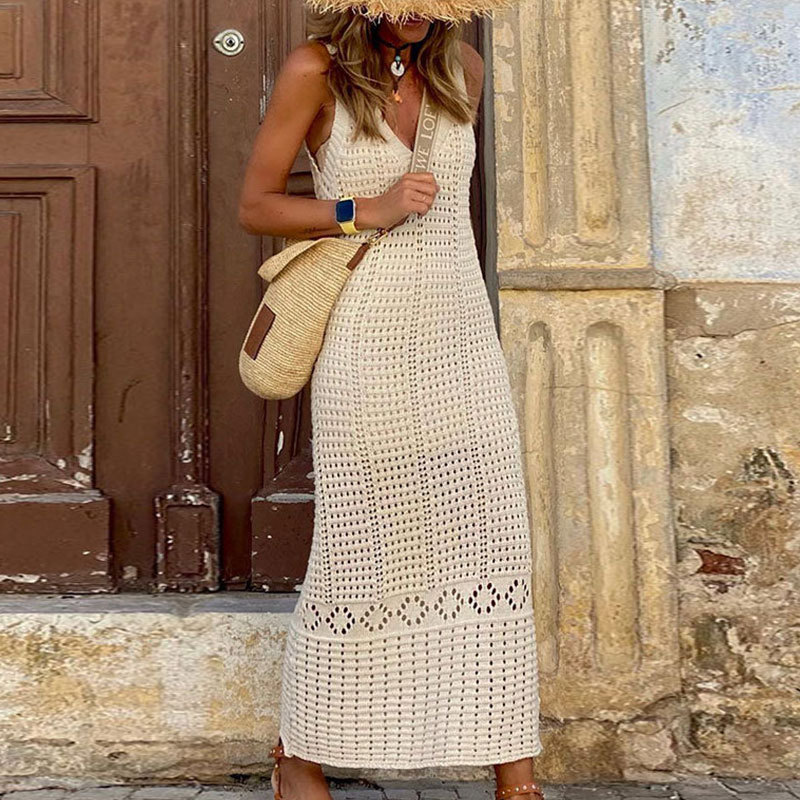 Elegant V-Neck Sleeveless Crochet Knit Maxi Dress