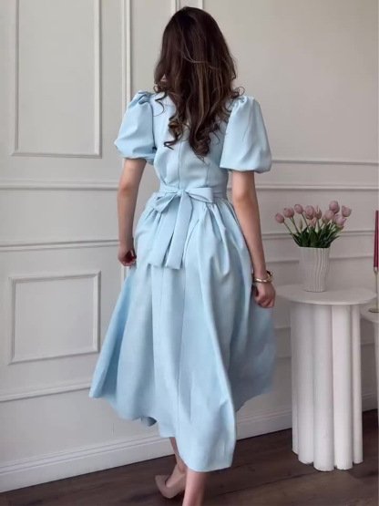 Elegant Puff Sleeve Fit-and-Flare Midi Dress