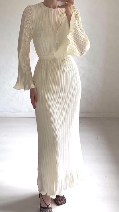Women's Fall Maxi Dress Chic Pleated Bell Bottom Sleeve Midi Dress