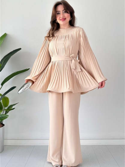 Pleated Bell Sleeve Top and Wide-Leg Pants Two Piece Set (Buy 2 Free Shipping)