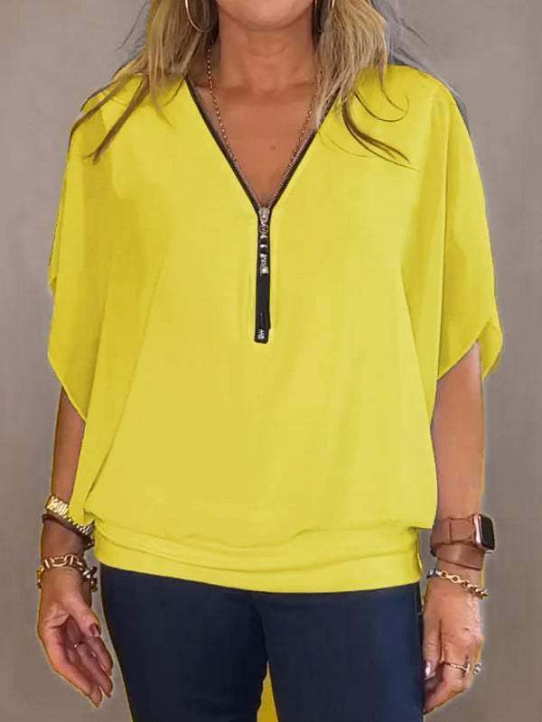 Last Day Promotion🔥Chiffon Half-zip Short-sleeved Casual Top(BUY 2 FREE SHIPPING)