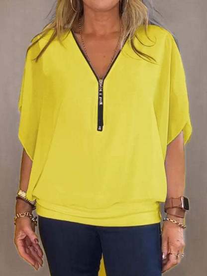 Last Day Promotion🔥Chiffon Half-zip Short-sleeved Casual Top(BUY 2 FREE SHIPPING)