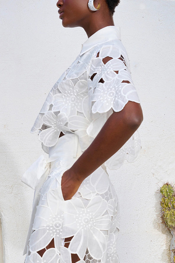 Floral Lace Cropped Shirt and Belt Pocketed Wide Leg Pants Set