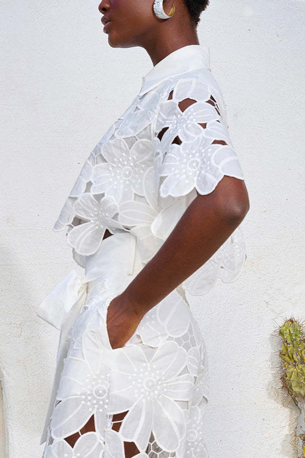 Floral Lace Cropped Shirt and Belt Pocketed Wide Leg Pants Set