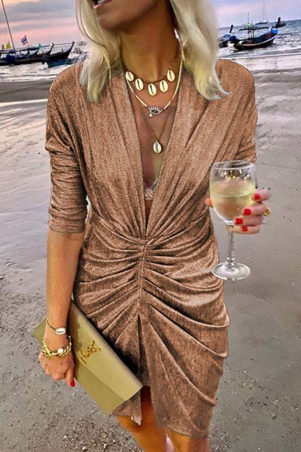 Spotlight City V-Neck Ruched Party Dress (Buy 2 Free Shipping)