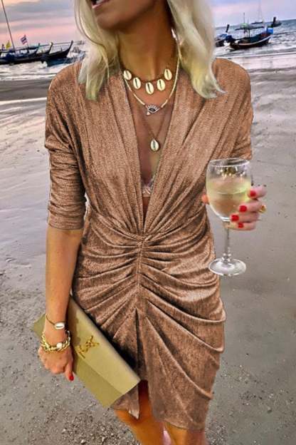 Spotlight City V-Neck Ruched Party Dress (Buy 2 Free Shipping)