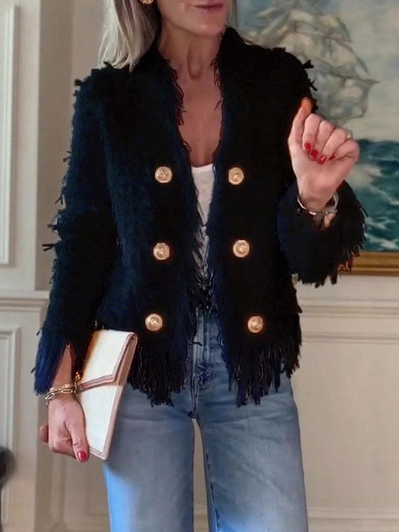Elegant Fringe Trim Gold Button Tweed Jacket (Buy 2 Free Shipping)