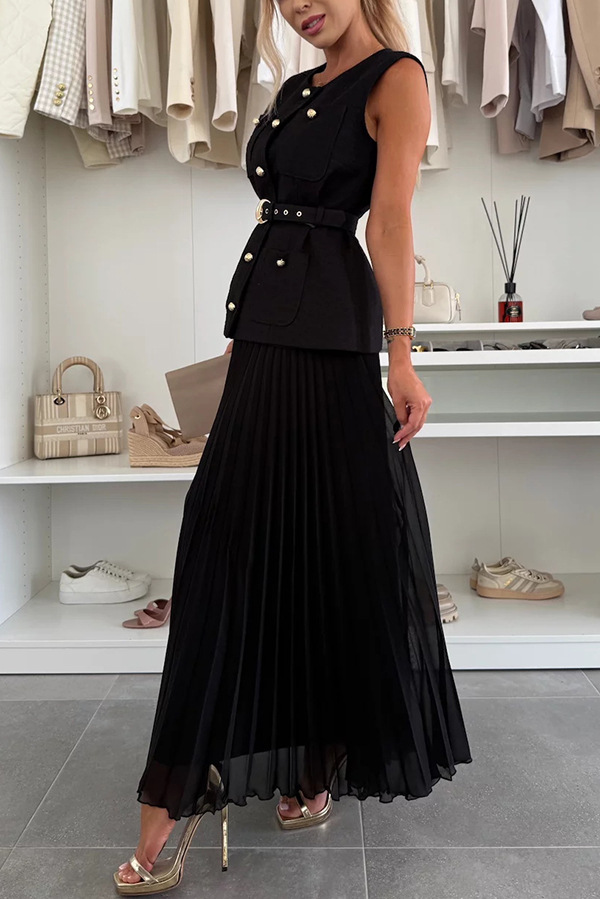 Elegant Sleeveless Belted Top and Pleated Maxi Skirt Set