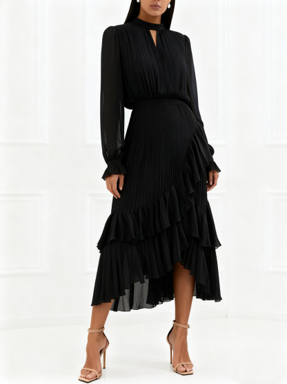 Elegant Pleated Ruffle Asymmetrical Long Sleeve Dress (Buy 2 Free Shipping)