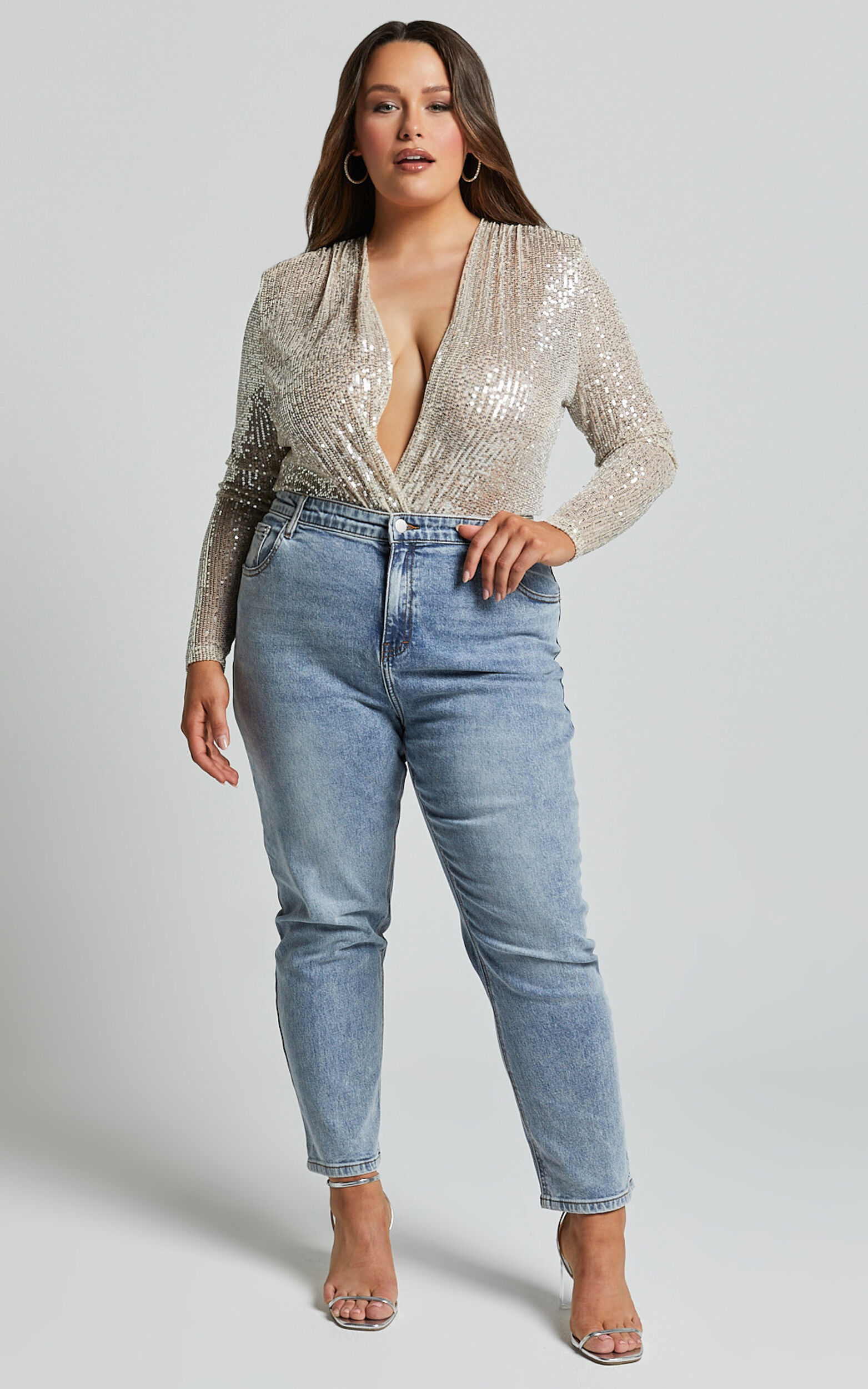 Wrap Deep V Neck Long Sleeves Sequin Bodysuit (Buy 2 Free Shipping)