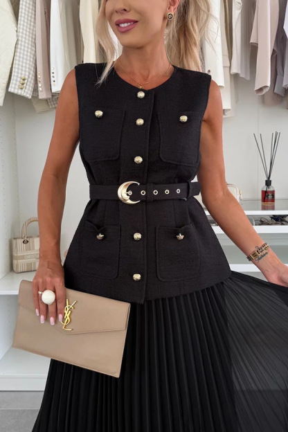 Elegant Sleeveless Belted Top and Pleated Maxi Skirt Set