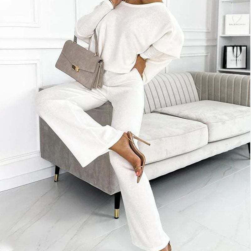 Solid Color Drop Shoulder Pullover and Loose Pants Set (Buy 2 Free Shipping)