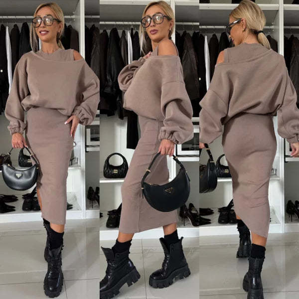 Elegant Two-piece Set (Sweatshirt + Sleeveless Knitted Dress)