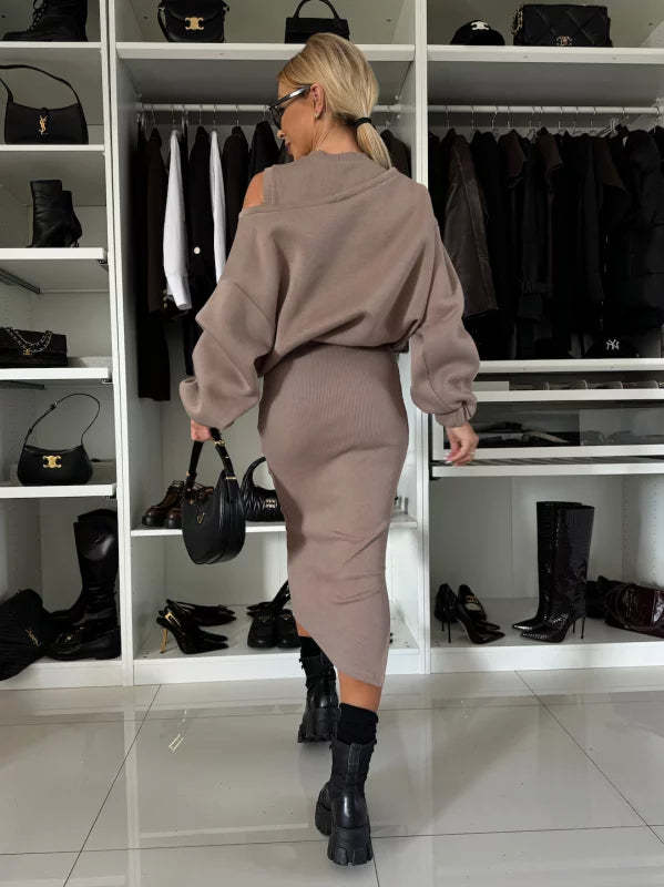 Elegant Two-piece Set (Sweatshirt + Sleeveless Knitted Dress)