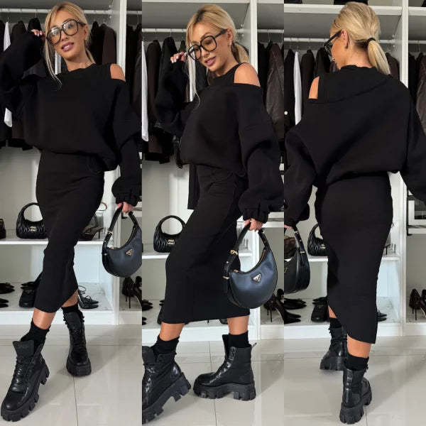 Elegant Two-piece Set (Sweatshirt + Sleeveless Knitted Dress)