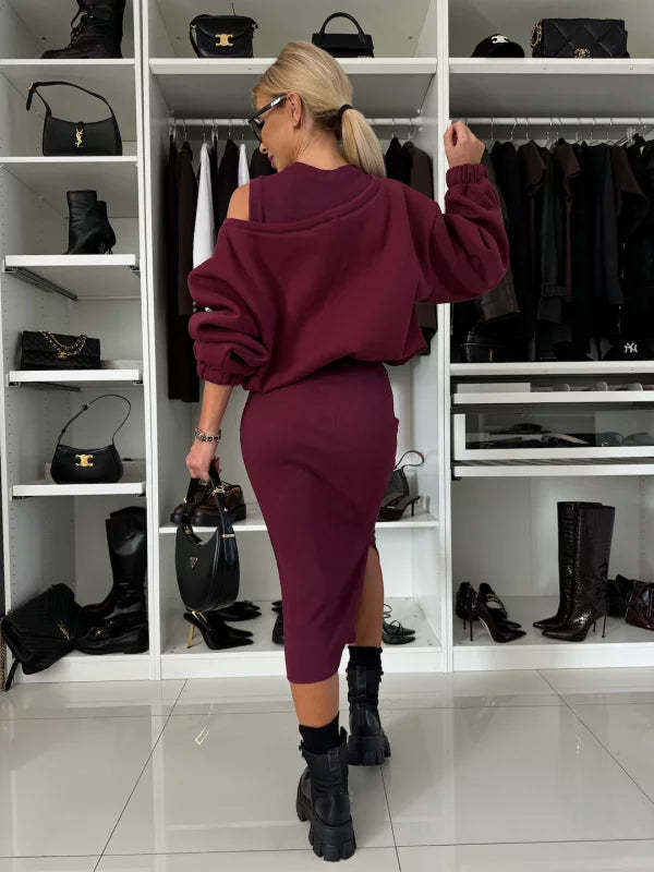 Elegant Two-piece Set (Sweatshirt + Sleeveless Knitted Dress)