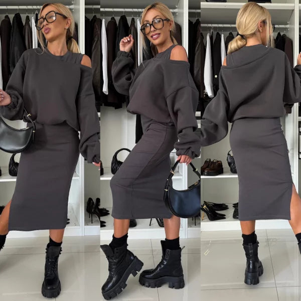 Elegant Two-piece Set (Sweatshirt + Sleeveless Knitted Dress)