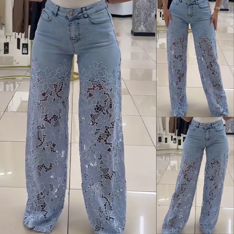 Floral Lace Patchwork Wide Leg Denim Jeans (Buy 2 Free Shipping)