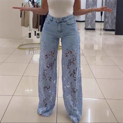 Floral Lace Patchwork Wide Leg Denim Jeans (Buy 2 Free Shipping)