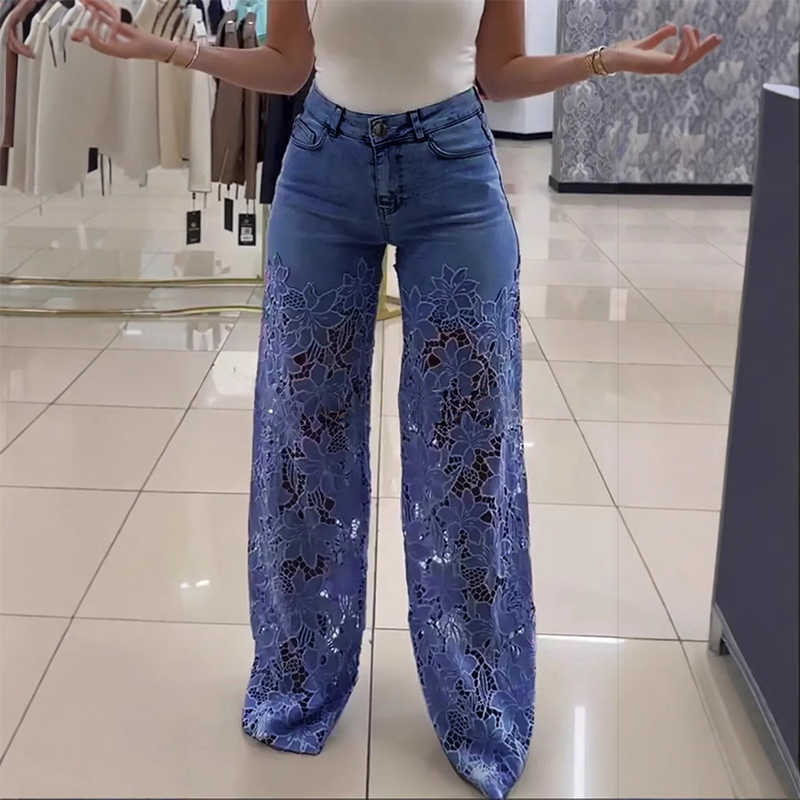 Floral Lace Patchwork Wide Leg Denim Jeans (Buy 2 Free Shipping)