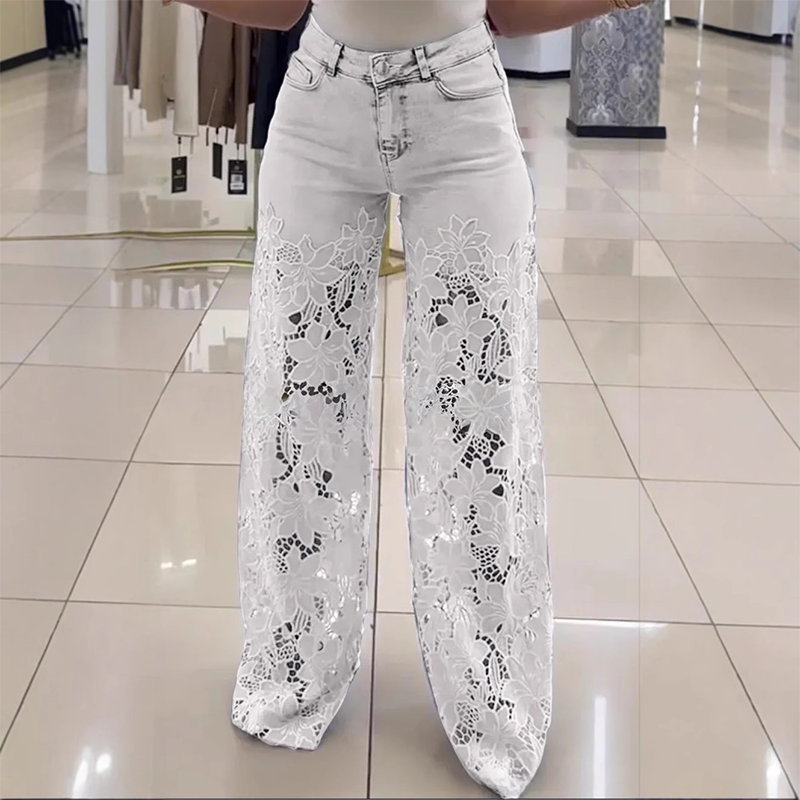 Floral Lace Patchwork Wide Leg Denim Jeans (Buy 2 Free Shipping)