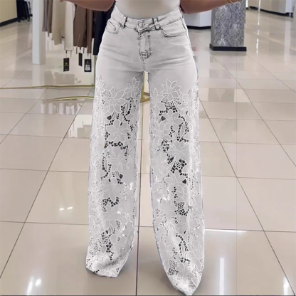 Floral Lace Patchwork Wide Leg Denim Jeans (Buy 2 Free Shipping)