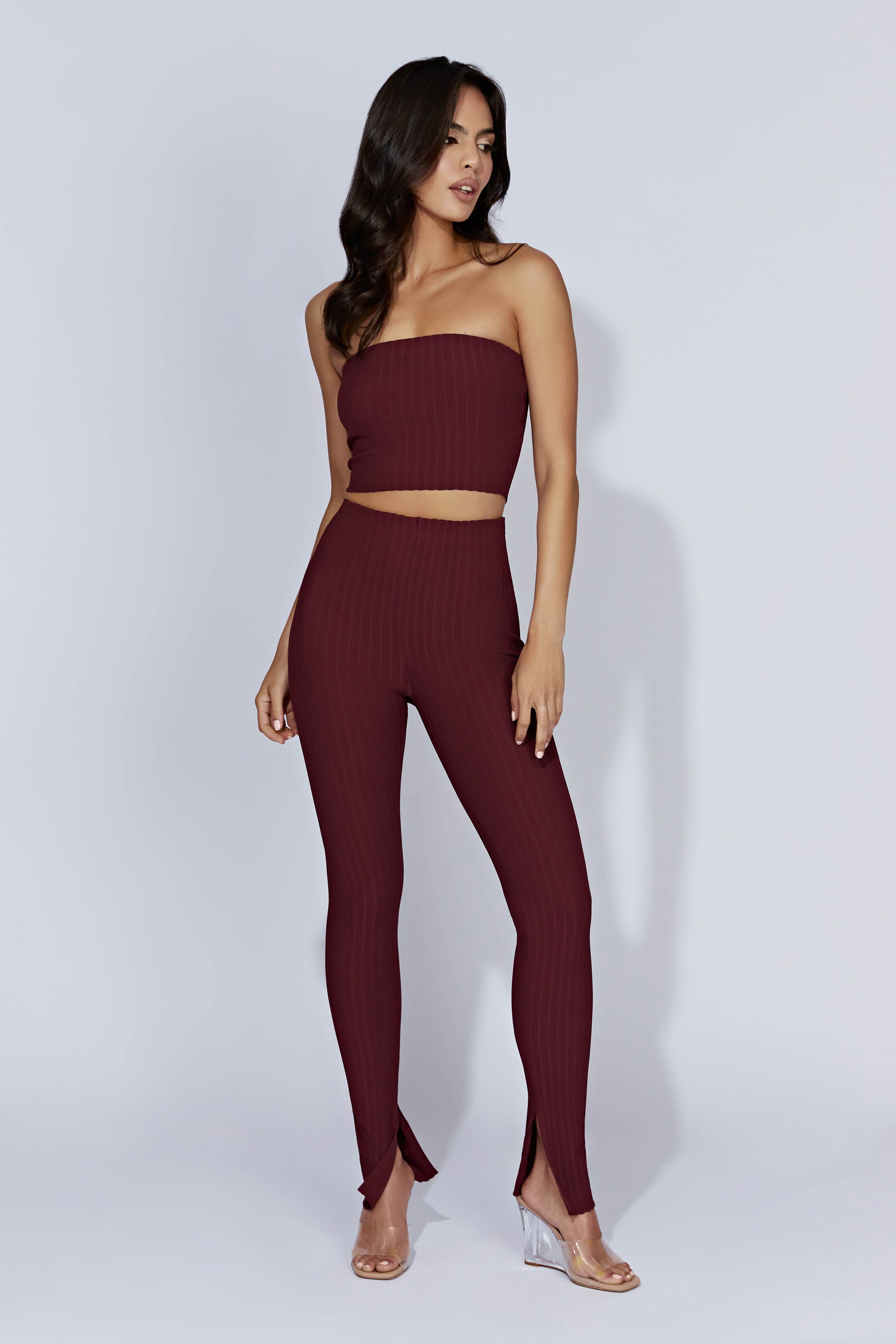Jordi Side Split Knit Leggings - Cherry Chocolate-My Chic Way.All Rights Reserved