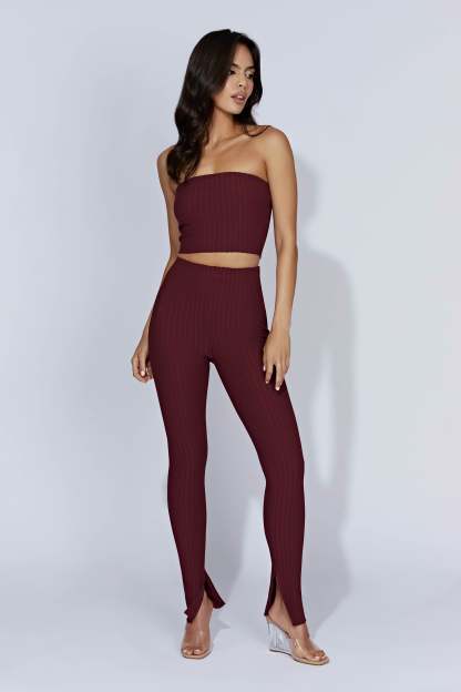 Jordi Side Split Knit Leggings - Cherry Chocolate-My Chic Way.All Rights Reserved