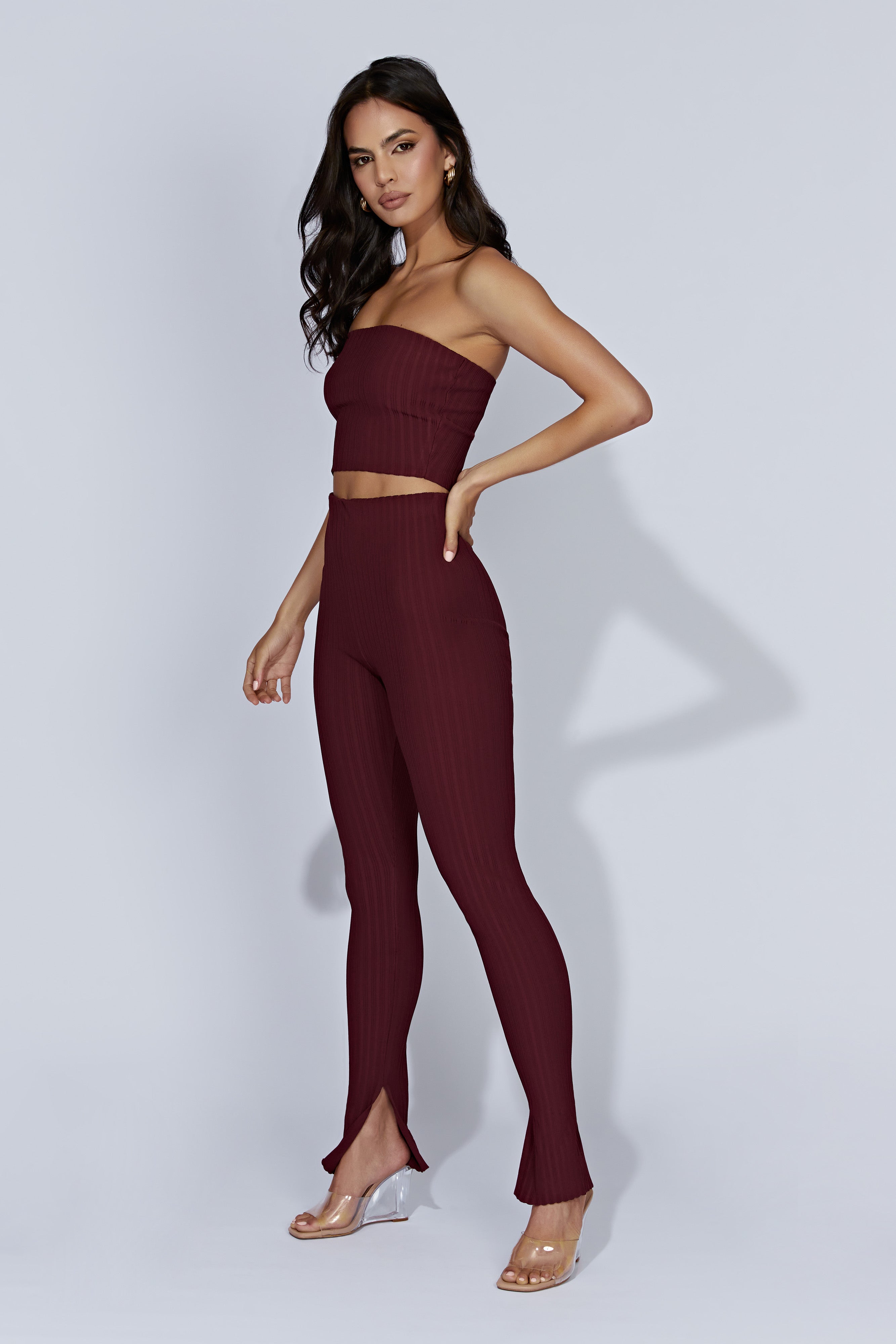 Jordi Side Split Knit Leggings - Cherry Chocolate-My Chic Way.All Rights Reserved