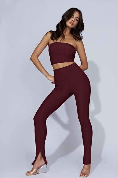 Jordi Side Split Knit Leggings - Cherry Chocolate-My Chic Way.All Rights Reserved