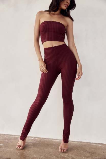 Jordi Side Split Knit Leggings - Cherry Chocolate-My Chic Way.All Rights Reserved