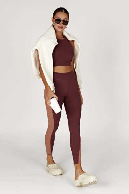 Libby Two Tone Panel Leggings - Mahogany/Tan-My Chic Way.All Rights Reserved