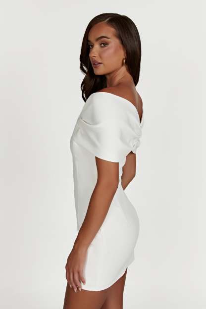 Gwyneth Off Shoulder Bow Mini Dress - White-My Chic Way.All Rights Reserved