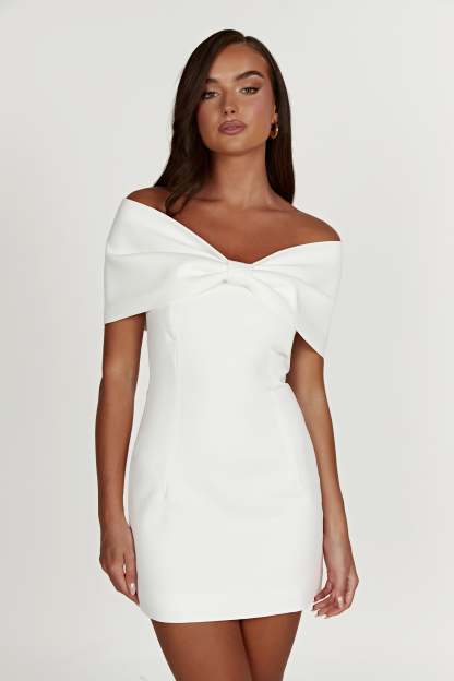 Gwyneth Off Shoulder Bow Mini Dress - White-My Chic Way.All Rights Reserved