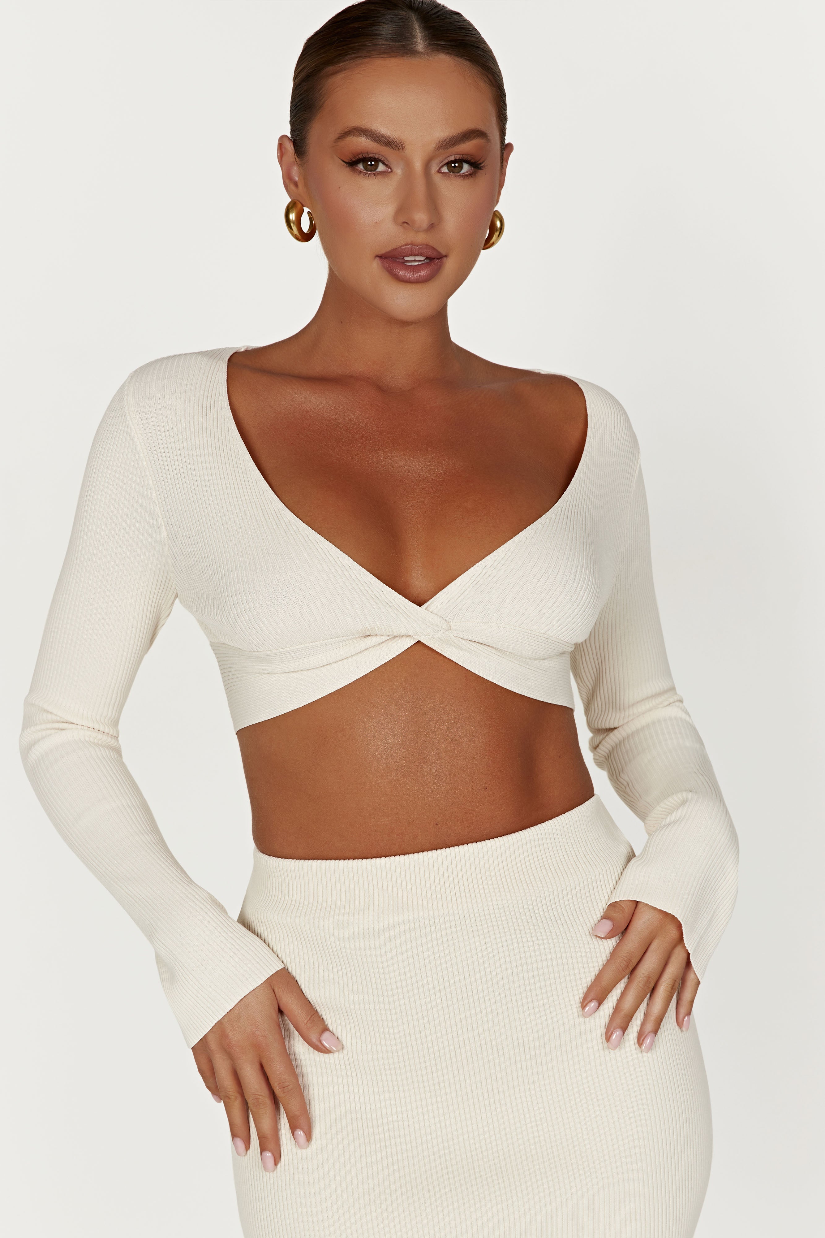 Kaesha Long Sleeve Twist Front Knit Top - Bone-My Chic Way.All Rights Reserved