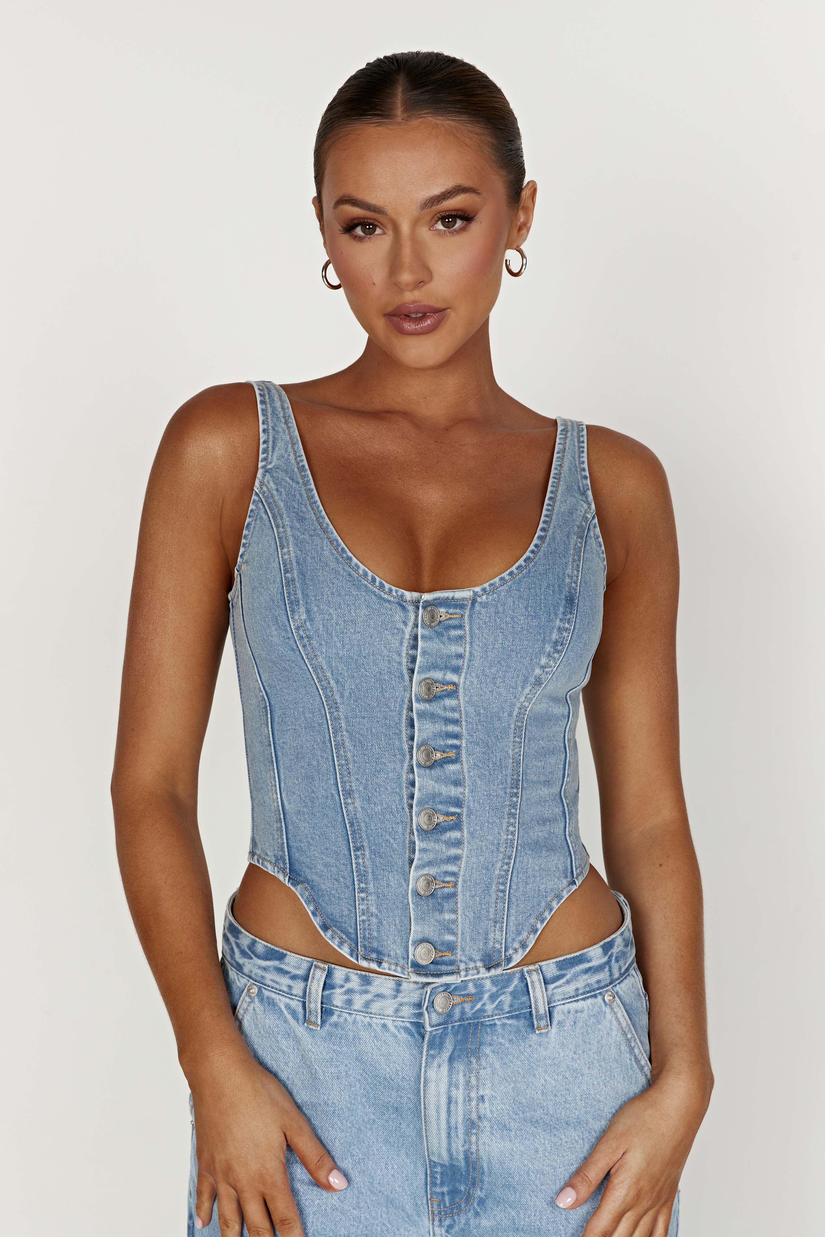Leilani Corset Denim Top - Mid Blue-My Chic Way.All Rights Reserved