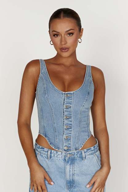 Leilani Corset Denim Top - Mid Blue-My Chic Way.All Rights Reserved