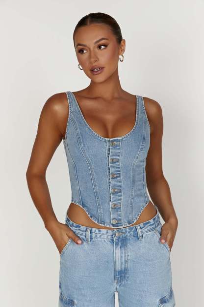 Leilani Corset Denim Top - Mid Blue-My Chic Way.All Rights Reserved