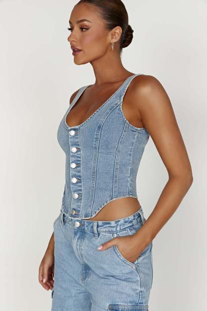 Leilani Corset Denim Top - Mid Blue-My Chic Way.All Rights Reserved